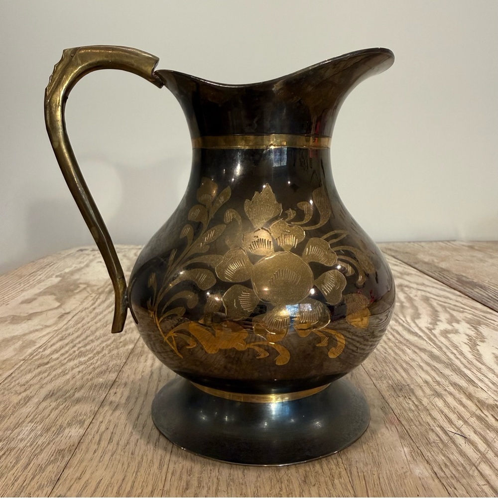 Vintage Floral‎ Engraved Two Tone Ornate Brass Pitcher From India